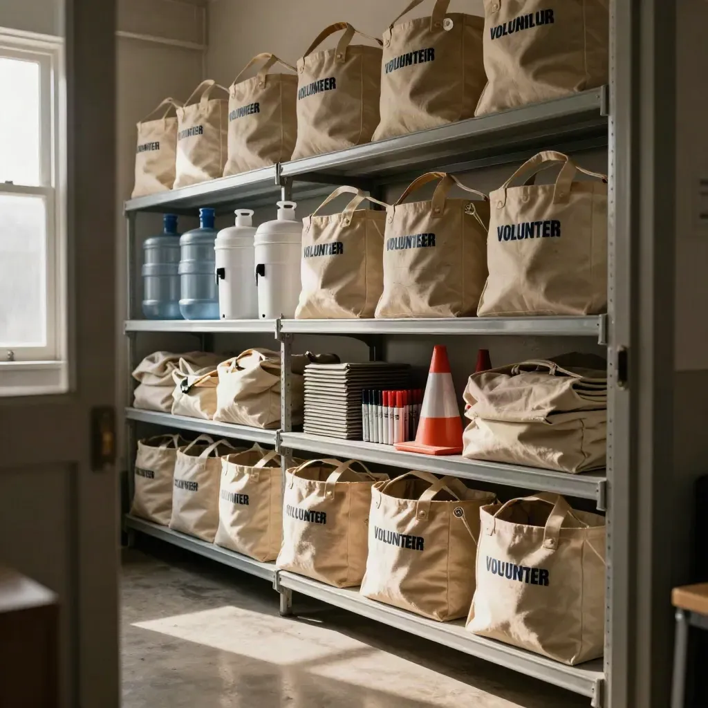 Volunteer supplies staged on shelves in a warm nonprofit back room with sunlight and dust.