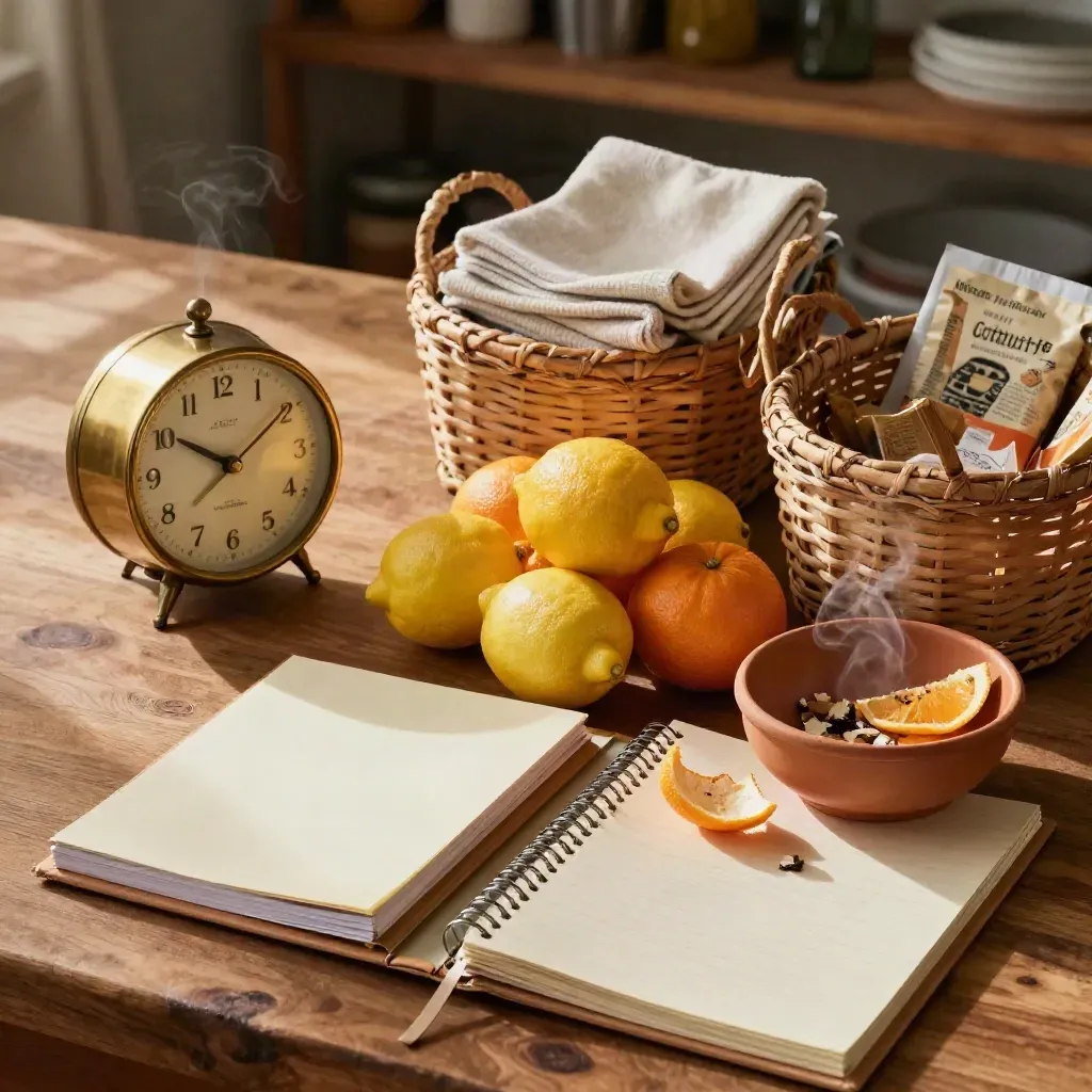 Brass clock, citrus, pantry baskets, and closed binders on a rustic overhead tabletop.